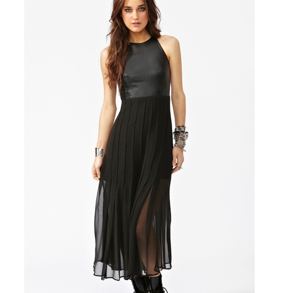 Shakuhachi Leather and Silk Chiffon Pleated Dress, Size 2